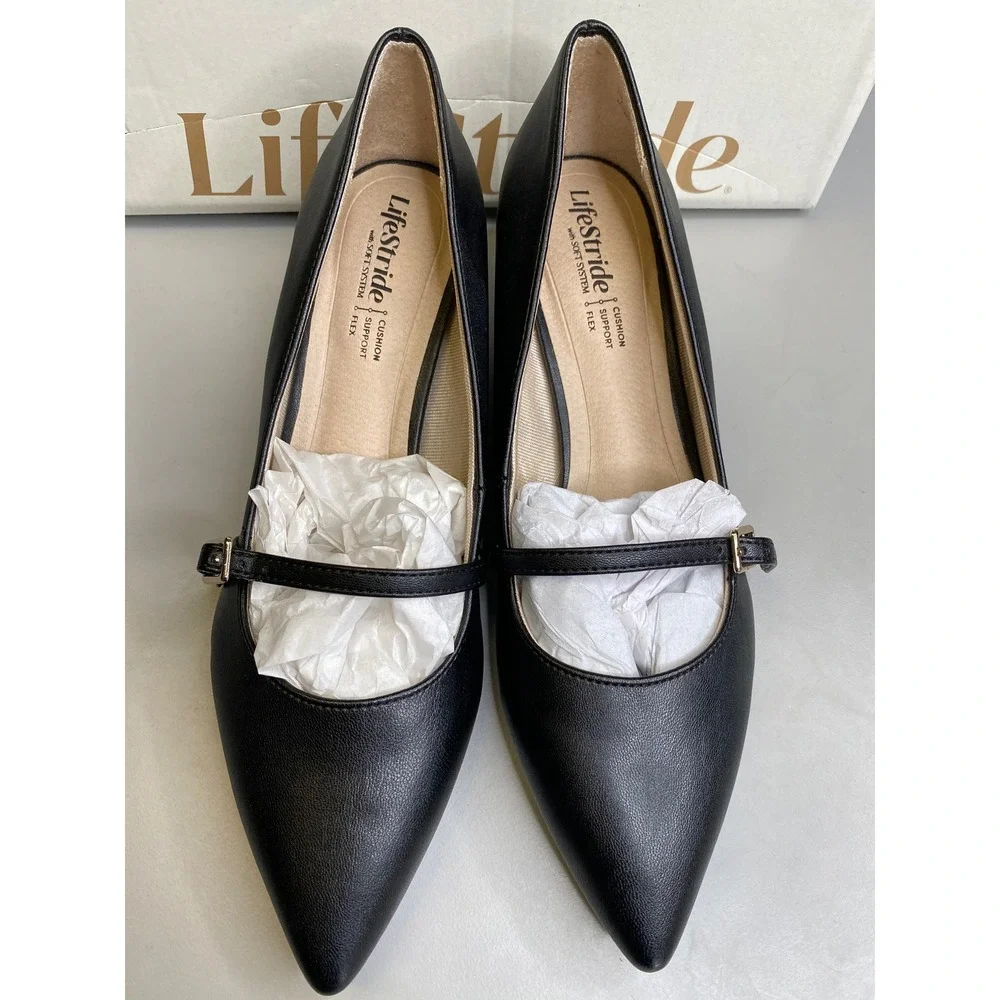 LifeStride Madelyn Black Mary Jane Kitten Heel Pumps Pointed Toe Womens 7.5 M